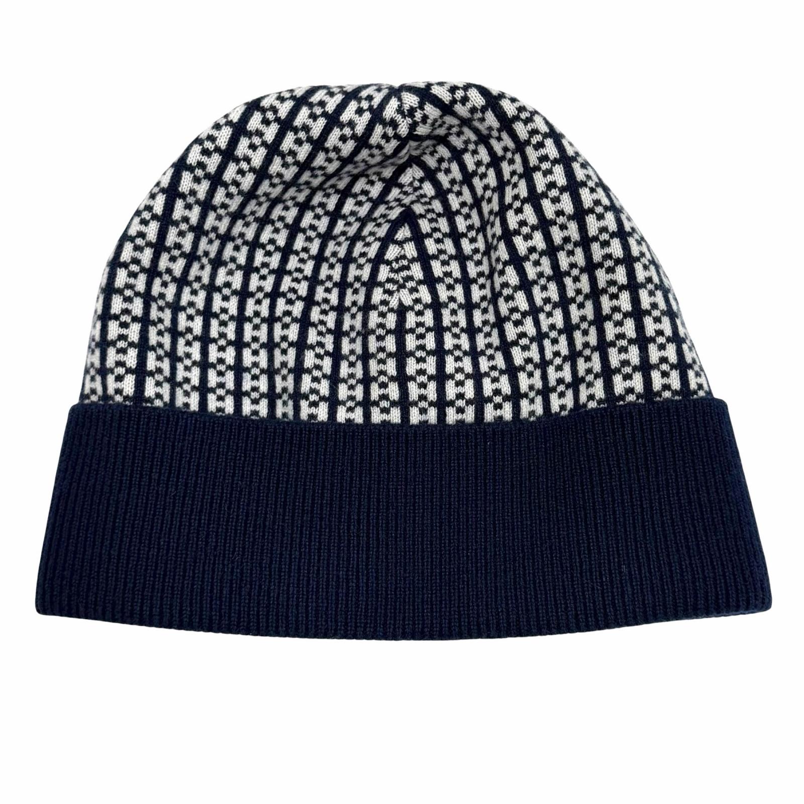Excellent HERMES Knit cap H232019N H-pattern Hope Beanie Navy cashmere Women M Used