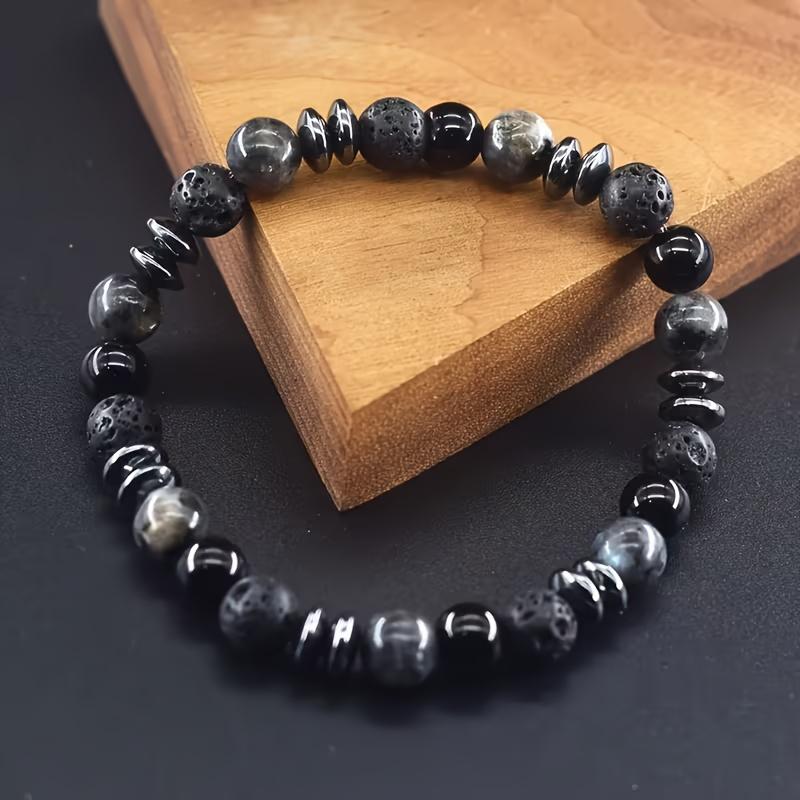 1pc Handmade Bohemian Marble Black and Gray Stone Bracelet | Unisex Spiritual Charm Accessory, Ideal for Couples Christmas and Valentine'S Day Gifts