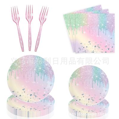 Macaron Partyzubehör Thema Geburtstag Arrangement Besteck Pappteller Seidenpapier Becher Tischdecke Banner Set Rosa