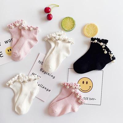 Korean Style Candy Color Cotton Socks with Pearls and Lace Stripes for Baby Girls