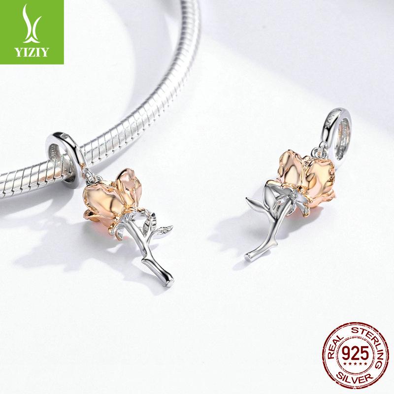 S925 Silver Lover Rose Pendant, Romantic Valentine'S Day Electroplated Rose Gold Beaded Bsc145