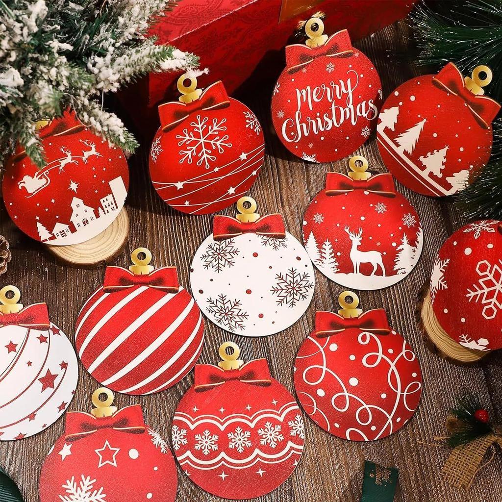 Christmas Decorations Wooden Ornaments, 12Pcs Red Hanging Christmas Tree Decoration Items with Snowflake Pattern, Wood Baubles for Xmas Tree