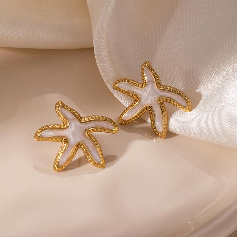Colorful Drip Oil Starfish Mother-of-Pearl Pearl Stainless Steel Stud Earrings - Women's Non-Fading Light Luxury
