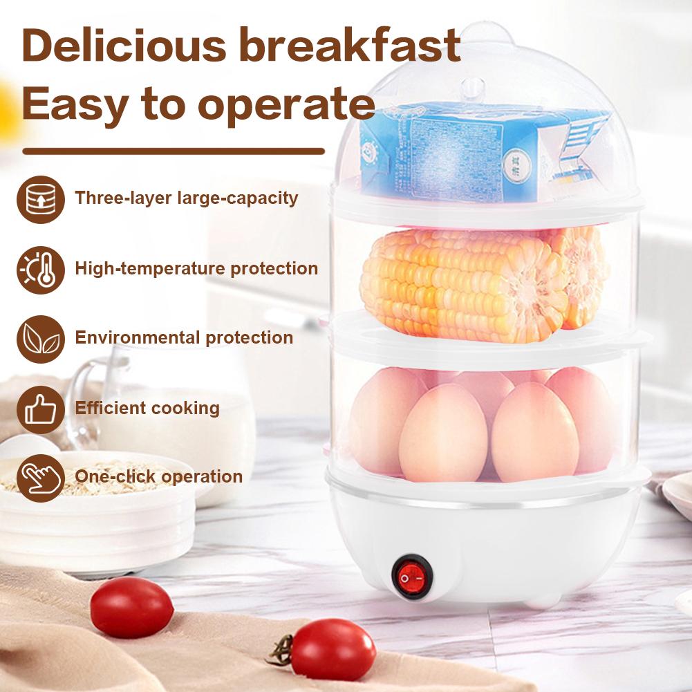 110V/220V Electric Egg Boiler 3-Layer Timing Automatic Corn Steamer Auto-Off Portable Milk Steamer for Cooking Breakfast Machine