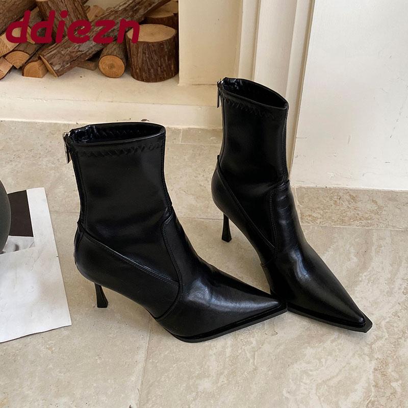 Mode Reißverschlüsse Mode Dünne Absätze Schuhe Damen Knöchel Stretch Stiefel Spitze Zehen Damen Kurze Moderne Stiefel Weibliche Pumps Schuhe