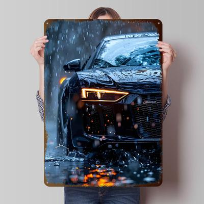 Sports Car R8 In the Rain Tinplate Poster Customized Wall Art Vintage Metal Signs Retro Tin Plaque for Room Decoration Cozy Home