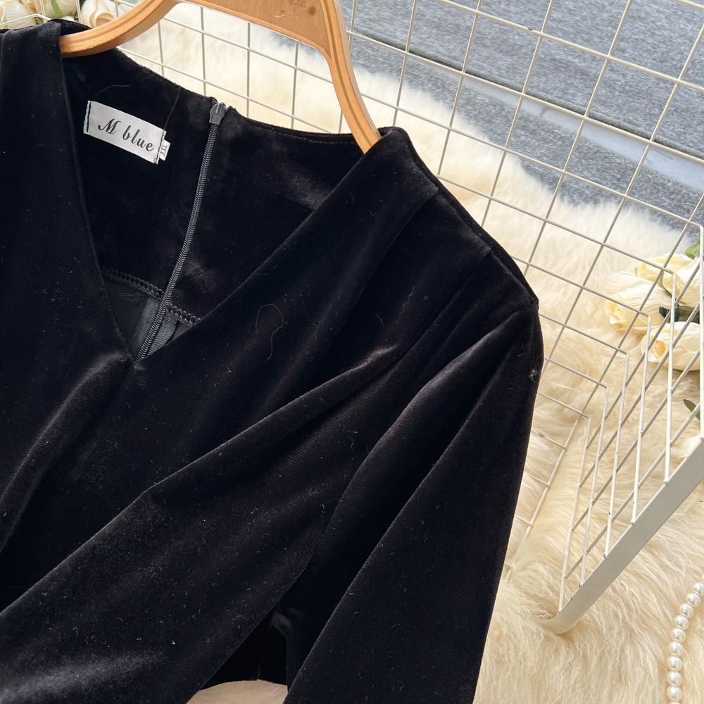 Robe de Luxe en Velours Style Français Col V Manches Longues Ceintures Épissure Jacquard Automne Femmes Imprimé Floral Fête Robe Maxi