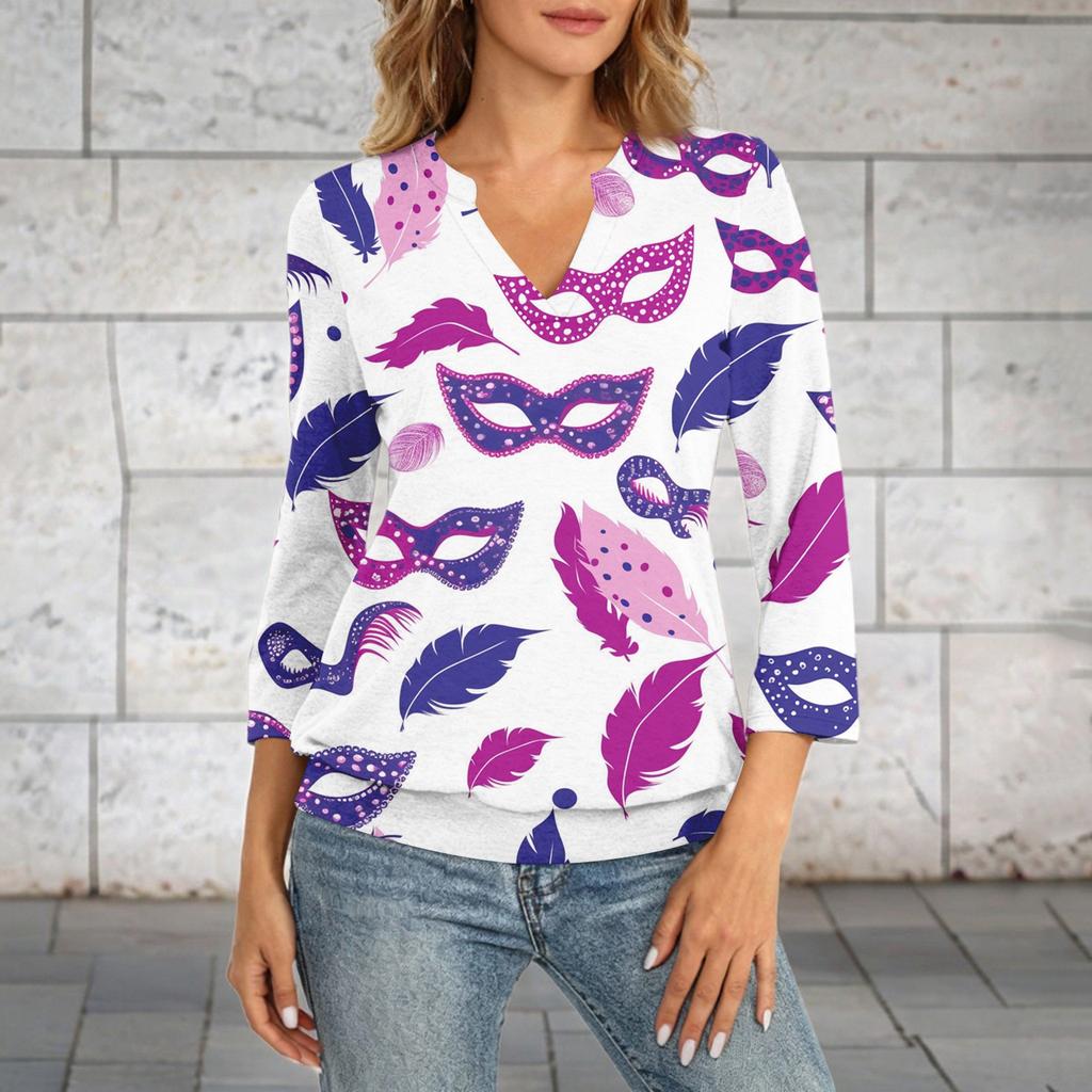Women's 3/4 Sleeve Top With Cuffed Hem, V-Neck, Summer Casual -Shirt, Carnival Printed Top
