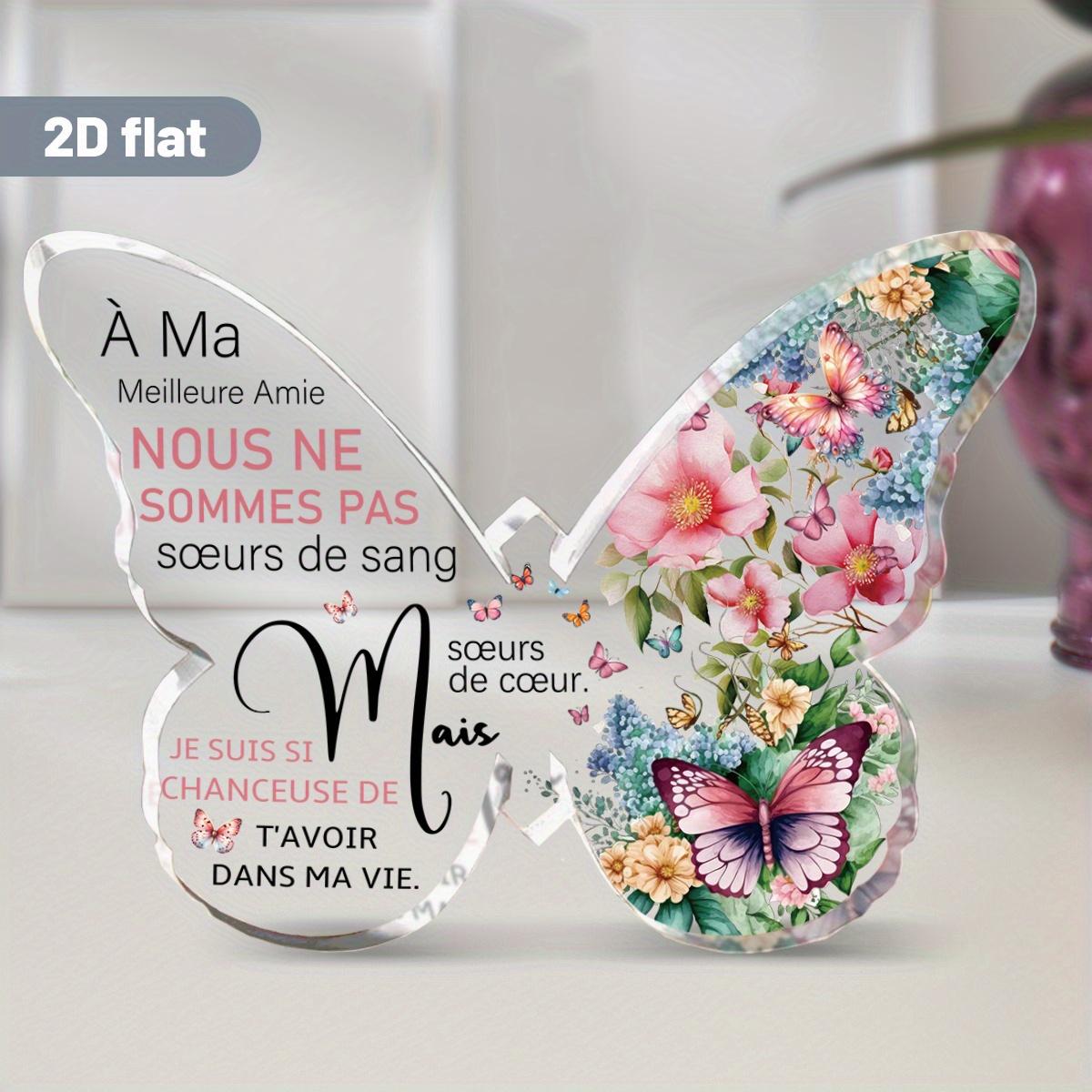 

2D Flat French Style Butterfly-Shaped Acrylic Decorative Plaque - Floral Design with Pastel Colors, English & French Friendship Quotes, 10*7.1cm