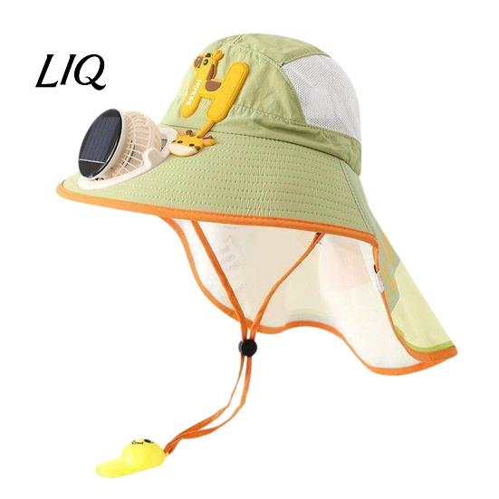 Toddler Sun Protection Hat Kids Cap with Built-in Solar Fan, Wide Brim Cooling Fan Hat, Breathable Mesh Fabric Summer Cartoon Pattern, Shawl Design