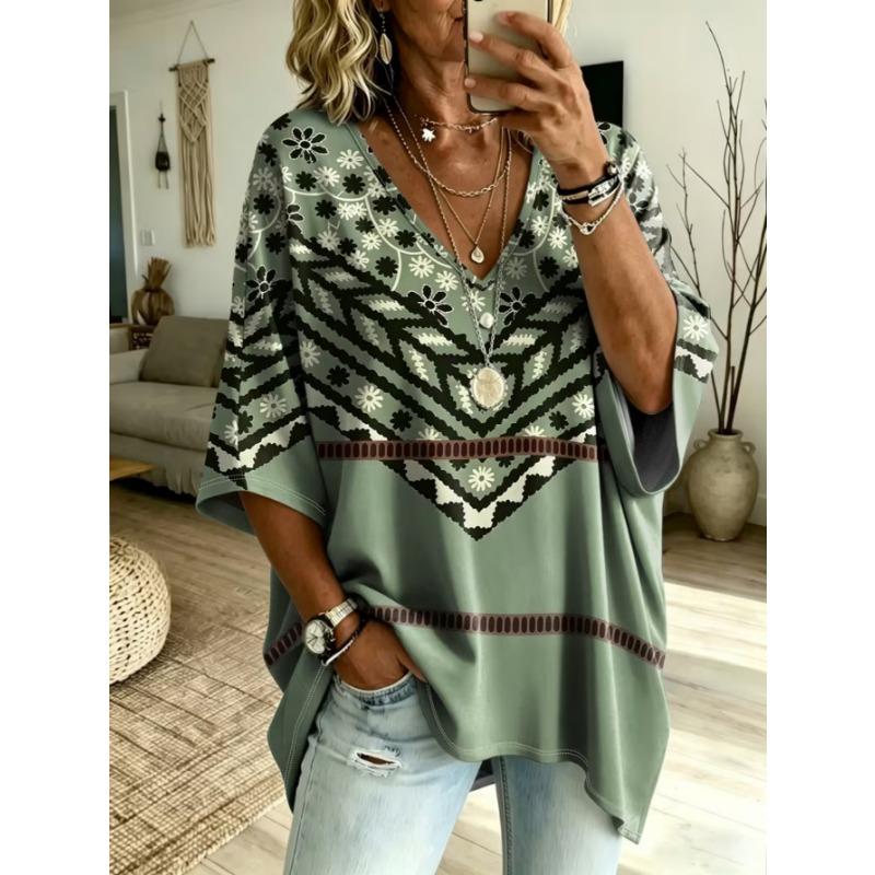 T-shirt da donna taglia grande con scollo a V, top casual rétro, con stampa, alla moda e versatile, lavabile in lavatrice.
