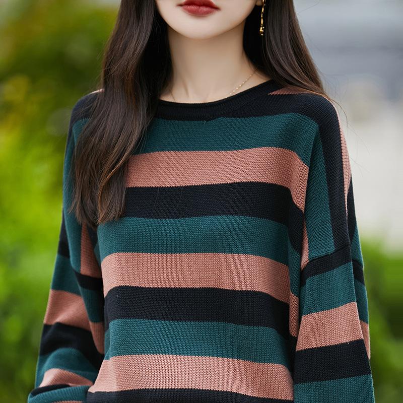 Pure Cotton Sweater for Women Loose Soft and Fashionable Bottoming Autumn and Winter Wide Stripes Versatile Round Neck Fashionable Sweater