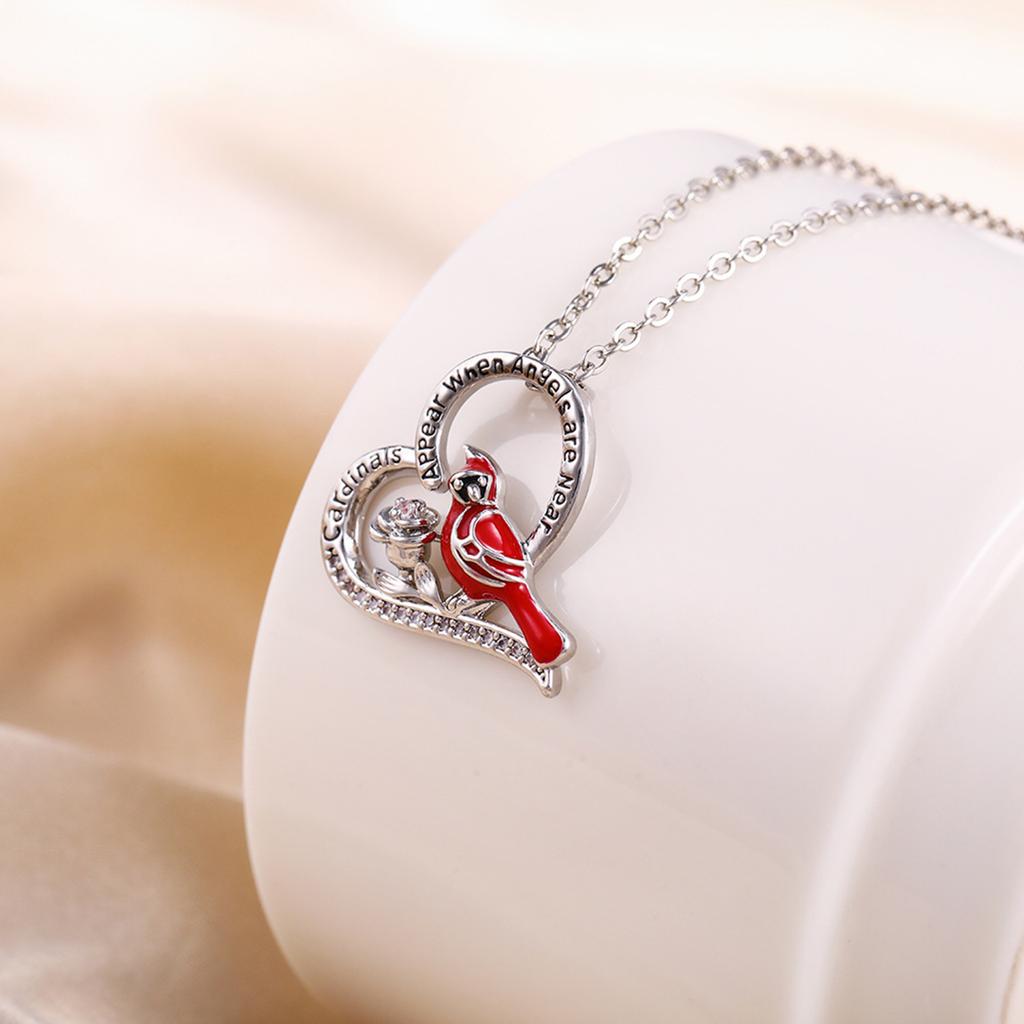 Heart Red Bird Spiritual Memorial Engraved Dainty Inspirational Silver Necklace