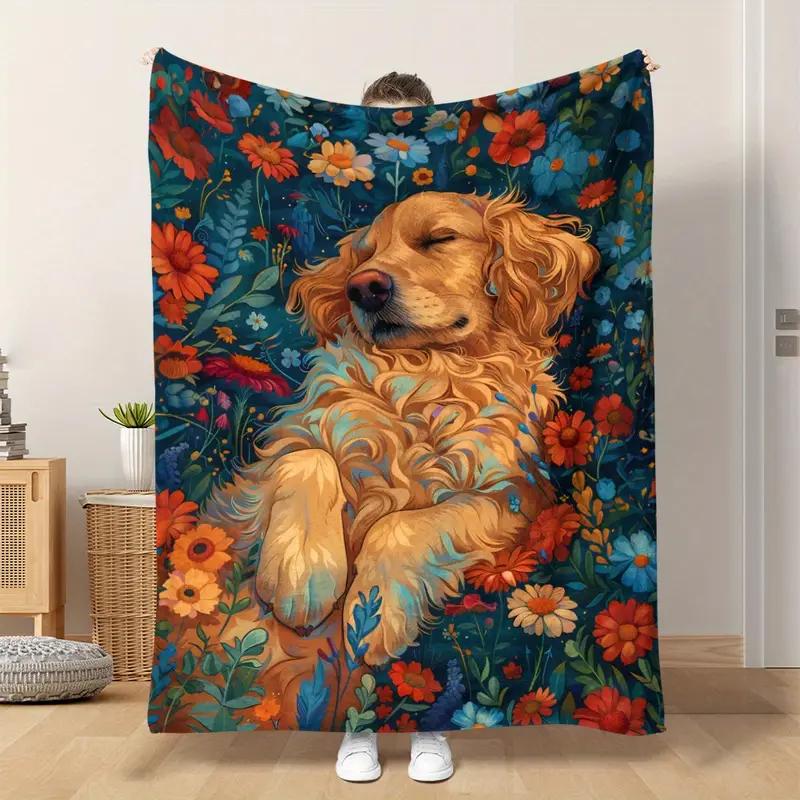 Cozy golden retriever with floral pattern - flannel blanket - warm and soft, suitable for bed, home, sofa, Halloween Christmas 130x150cm