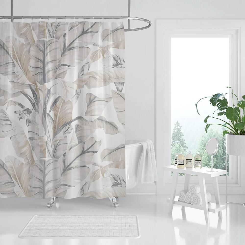Rose Gold Shower Curtain Pink Gold Tropical Leaves Modern Luxury Bathroom Shower Curtains Fabric Bath Curtain Set with Hooks