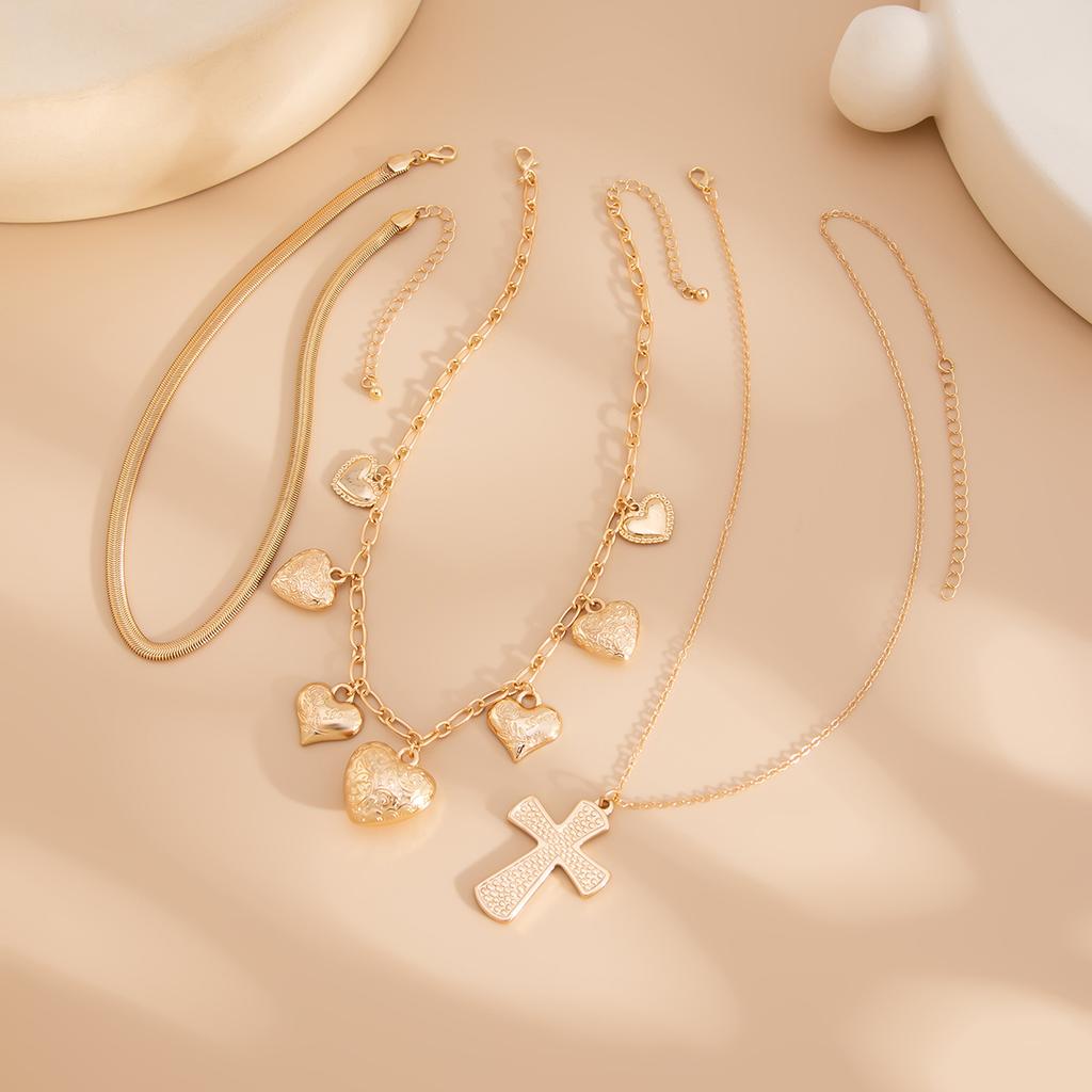 3pcs/set Cross Heart Pendant Necklace Herringbone Snake Chain Choker Accessories