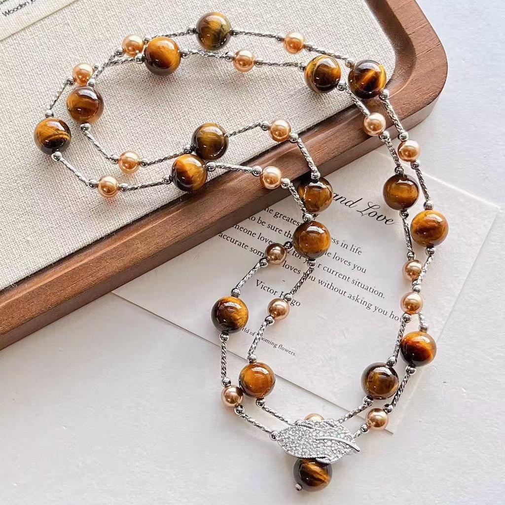 Maillard Natural Boutique Tiger's Eye Stone Imitation Tahitian Pearl Various Wearing Methods Sweater Chain Collarbone Chain Necklace
