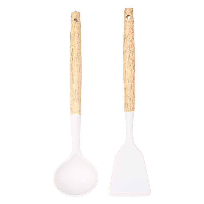2Pcs Silicone Wood Handle Gray Spatula, Soup Spoon, Spatula, Spaghetti Noodle, Kitchen Cooking Tools, Kitchen Utensils Tableware