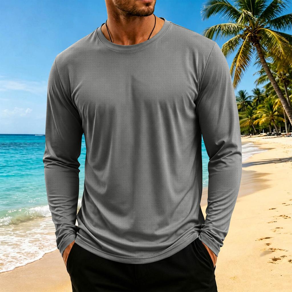 Maglia da uomo a maniche lunghe, girocollo, traspirante, fresca, atletica, per allenamento e uso casual