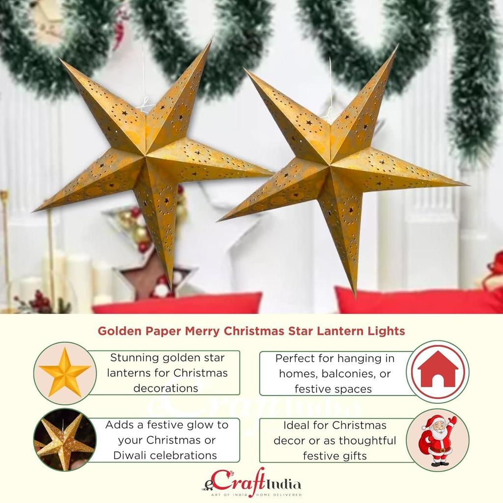 Golden Paper Merry Christmas Star Lantern Lights for Decoration Diwali Christmas Lantern| Aakash Kandil for Diwali| Hanging Lantern