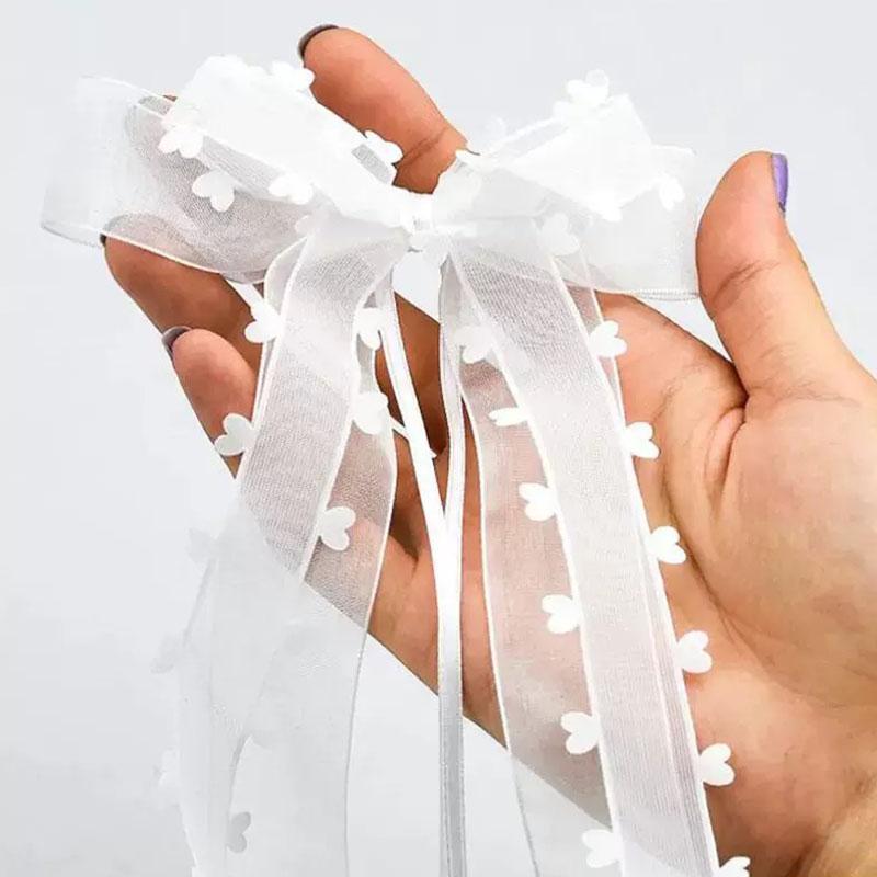 WTEMPO Fundă din panglică de tifon în formă de inimă, Decor de petrecere, Fundă albă, Ideală pentru nuntă și ziua de naștere, Decor pentru mașina de nuntă, Fundă din panglică