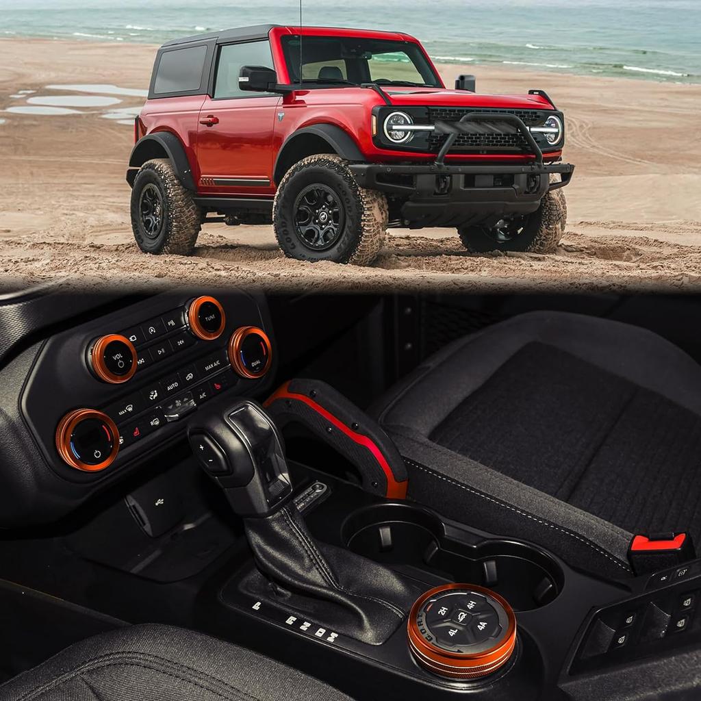 6pcs for Ford Bronco Accessories 2021 2022 2023 2024 Car Auto Interior Center Console Knobs Decoration Cover Trims -Orange