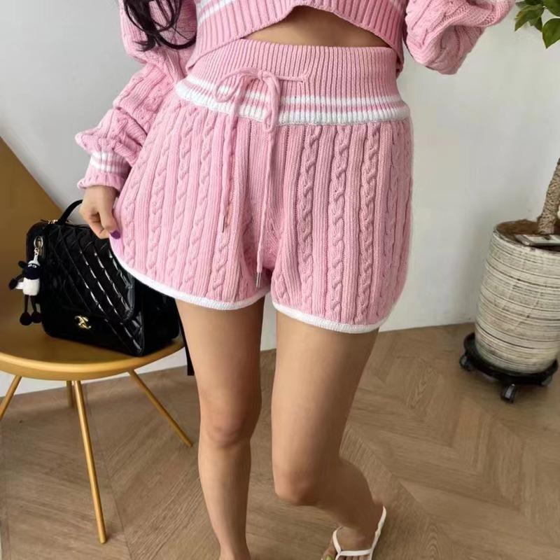 Fashion Knit Women Short Sweater Straight Leg Shorts Autumn Winter Elegant Turn-down Collar Casual Loose Two-piece Set High Waiste Long Sleeve Outfits