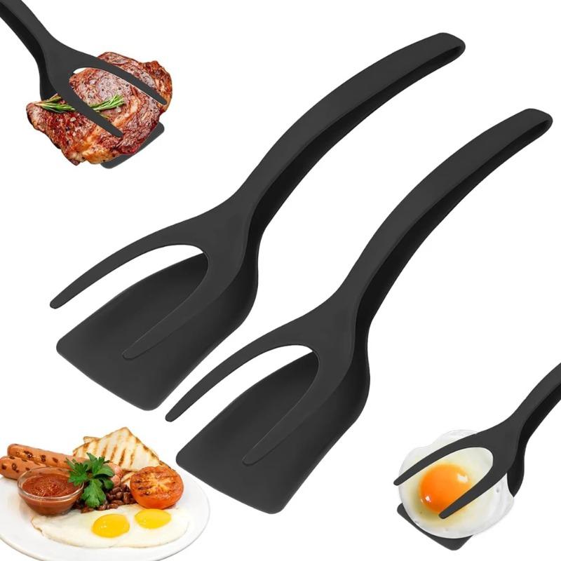 New 2-in-1 Clamping Pan Turning Pliers Egg Flipping Spatula Non Stick Coating Pancake Fish French Toast Making Tool for Home Use