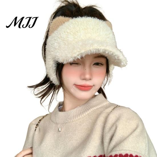 Thoughtful Gift for Besties Winter Visor Cap with Ear Flaps, Plush Beanies Brim, Open Top, Outdoor Sports Headwear Cute Cat Ears Warm Ponytail