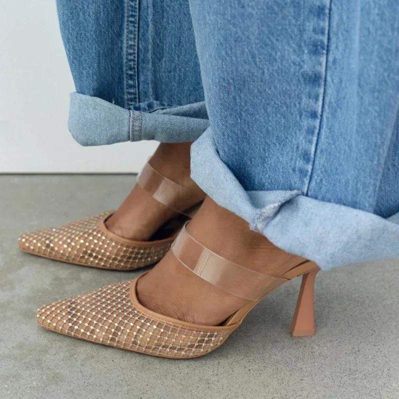 Fashion Crystal Mesh Breathable Thin High Heel Slippers Women Sexy Pointed Toe Slingback Slide Sandal Elegant Designer Party Dress Pumps