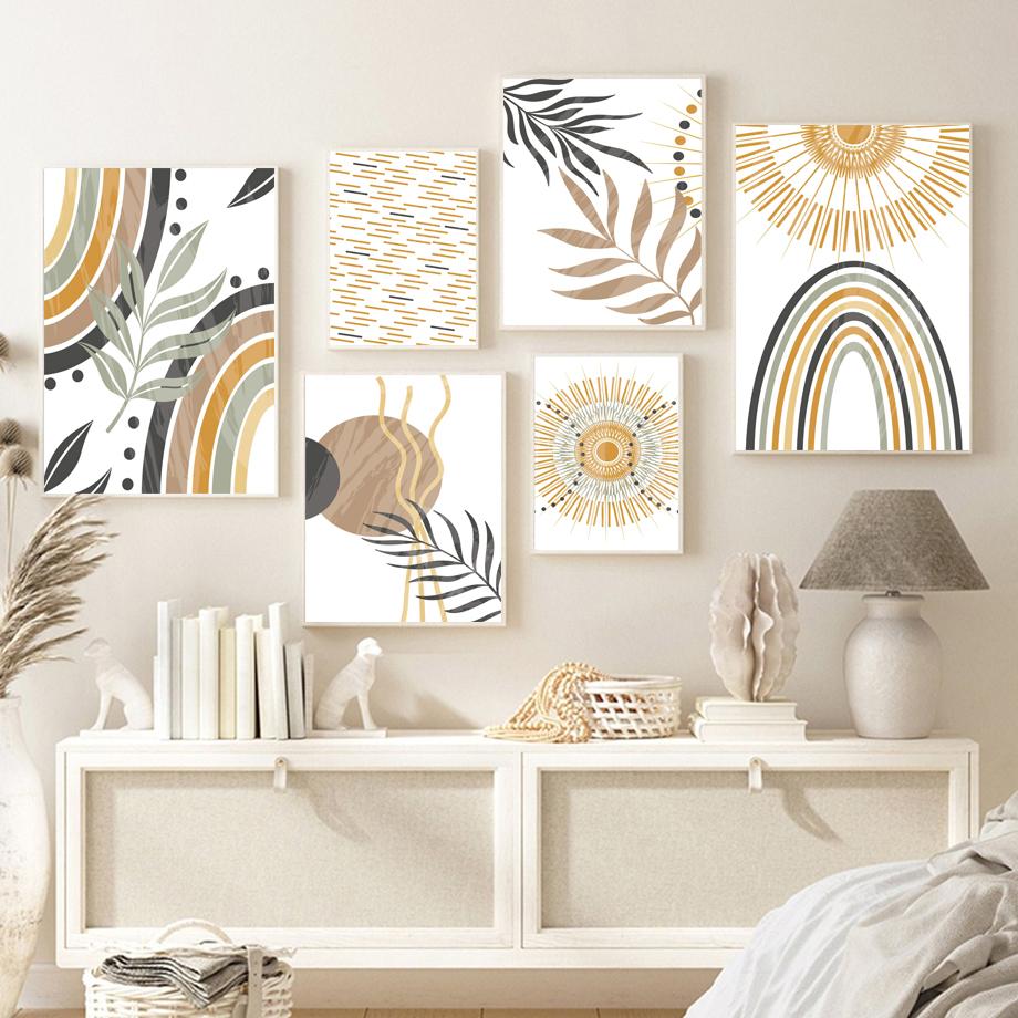 Abstract Boho Sun Rainbow Line Leaf Landscape Wall Art Canvas Painting Posters & Prints Hotel Bar Pictures For Living Room Decor