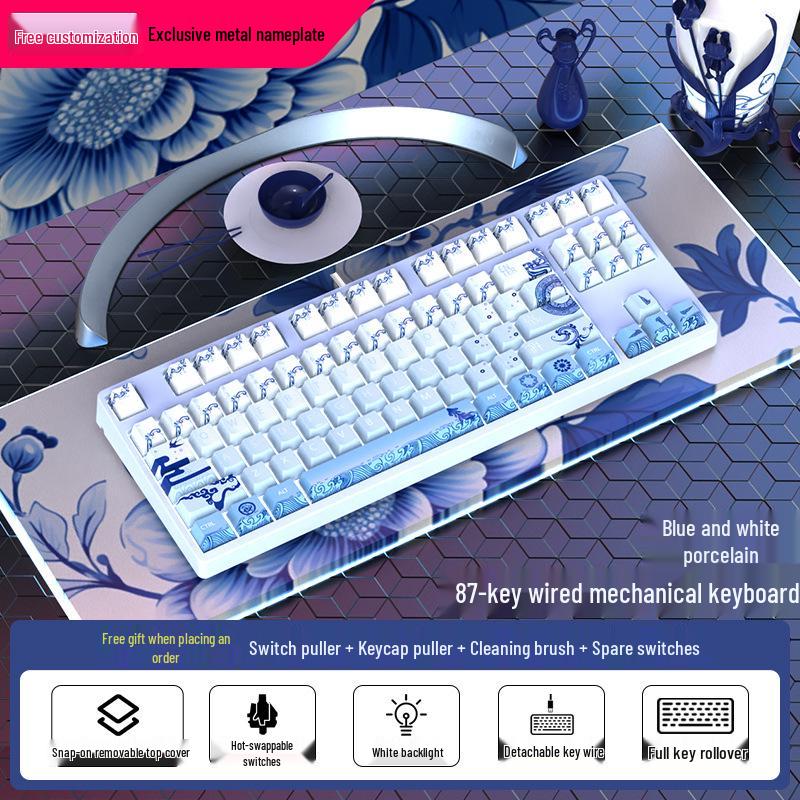 87-Key Cute Mechanical Keyboard, Wired Blue Switch, Personalized PBT for Gaming, Esports, Office, Creative Girls