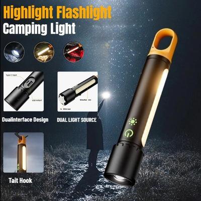 Type-C Rechargeable Multifunctional Outdoor Telescopic Zoom Flashlight Multifunctional Dual Light Source with Side Lamp