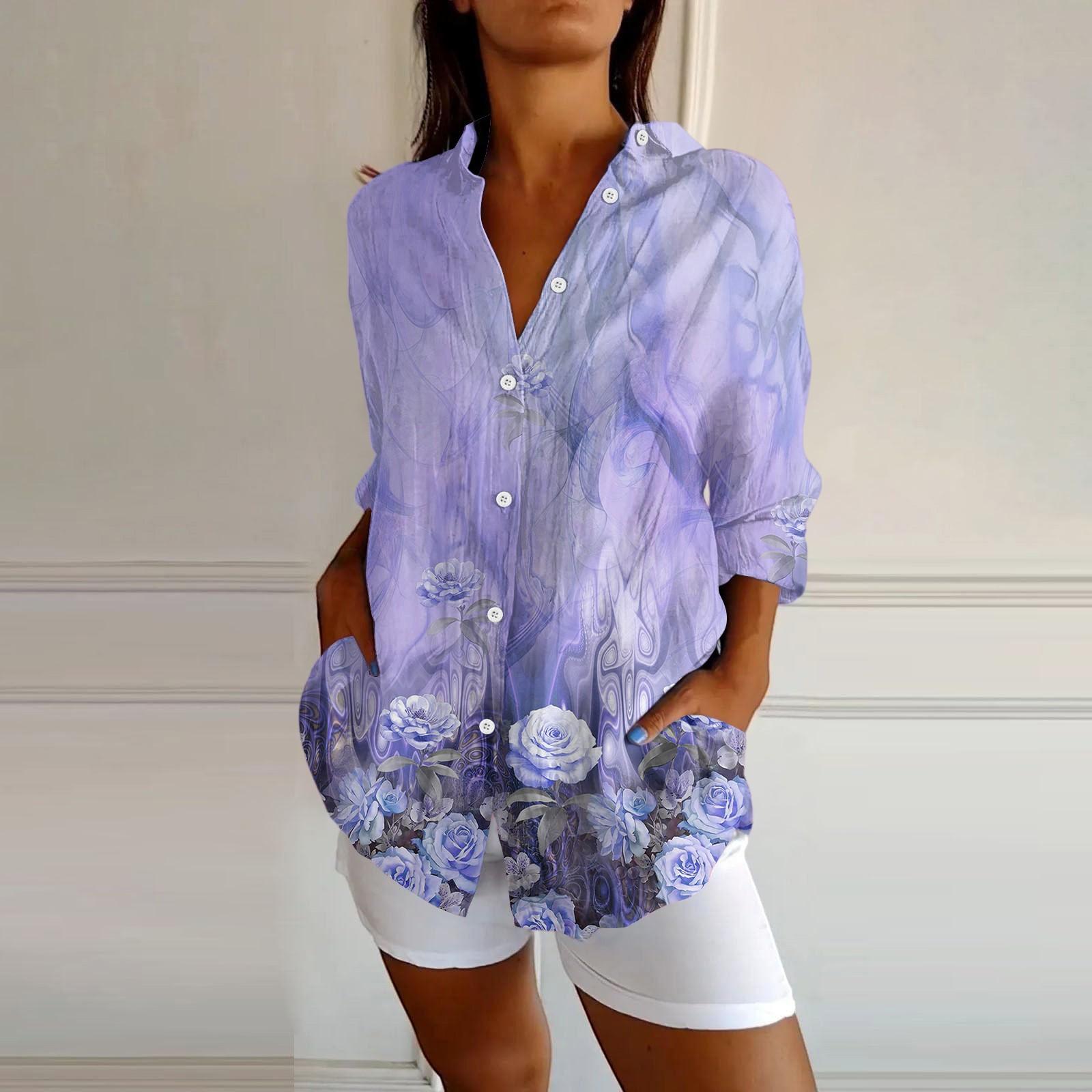 

Женские рубашки на пуговицах из хлопка и льна с длинным рукавом, повседневные летние топы, рабочие блузки XXL фиолетовый