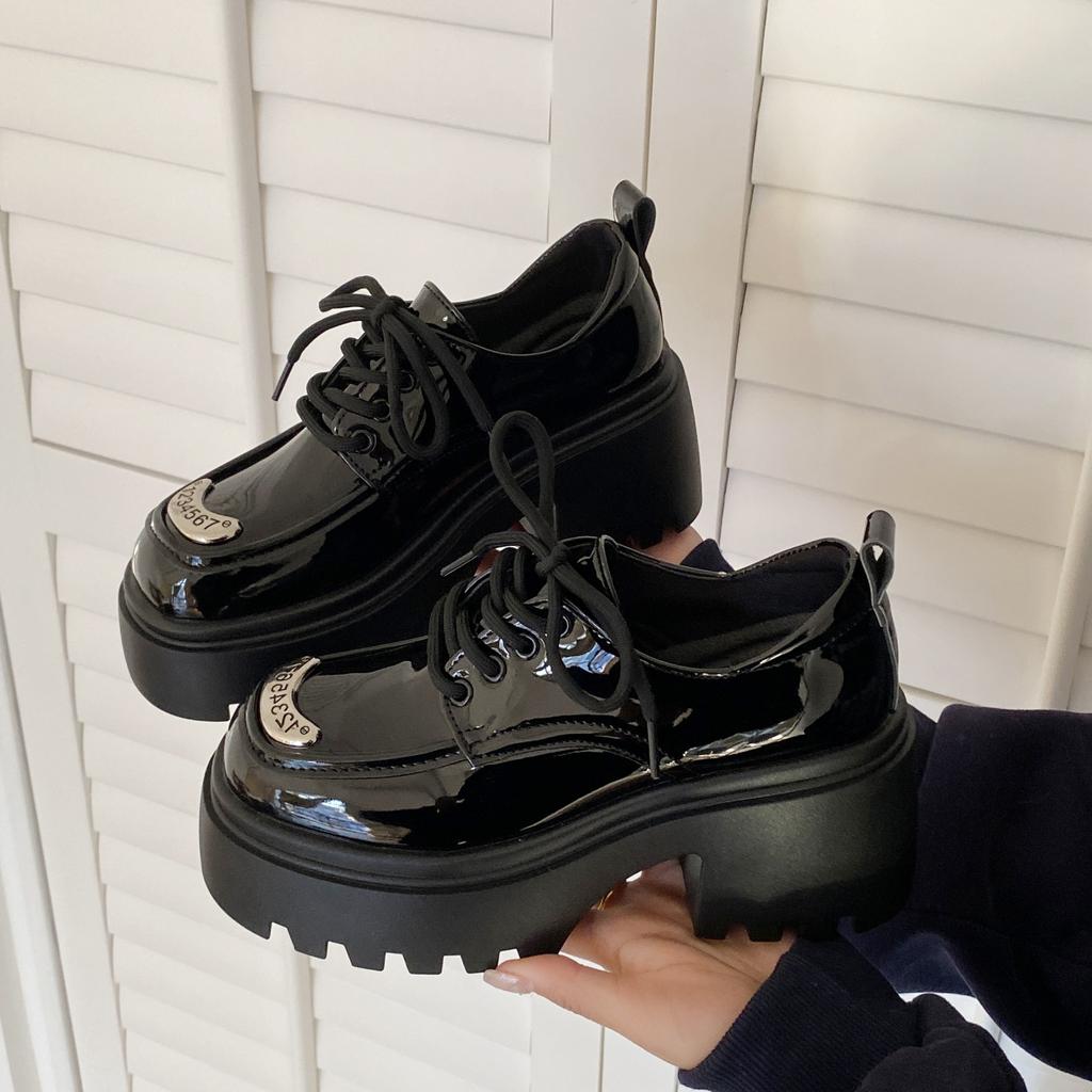 Shoe Shoes for Women Loafers High Sense  Commuting Leather Round Head Shoes Black Thick Soled Casual Leather Shoes