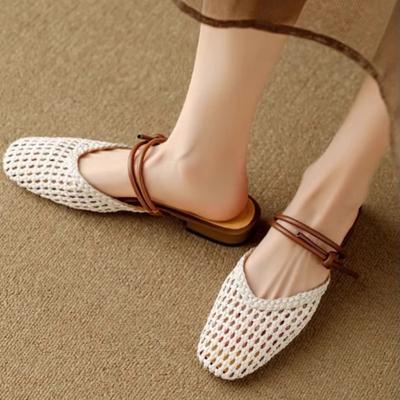 Nuove Pantofole Estive da Donna Baotou Semi-drag Moda Pelle Retro Intreccio Traforato Suola Morbida Piatta Fresche