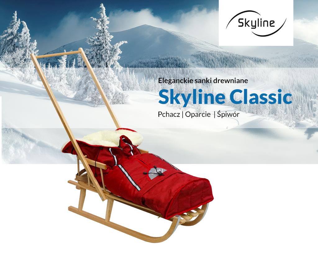 Wooden Sled For Children With Backrest, Pusher And Sleeping Bag, Solid Polish