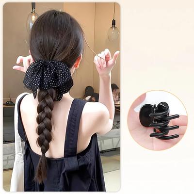 Perruque Queue de Cheval Synthétique Vintage à Pois avec Nœud Pince Griffe Femme Tempérament Doux Polyvalente Accessoire Cheveux Queue de Cheval