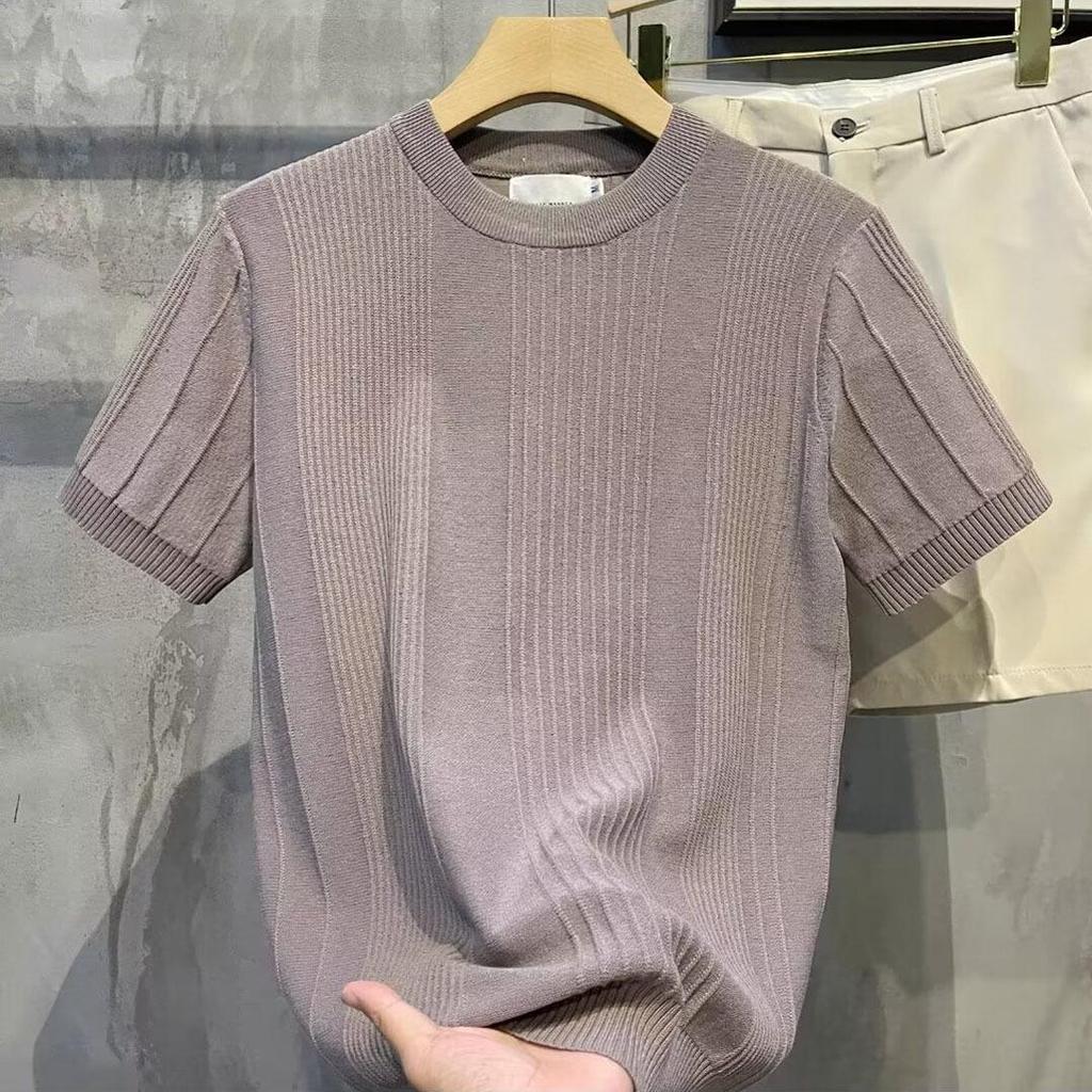 Męski letni T-shirt z dzianiny z krótkim rękawem, dopasowany krój slim fit, okrągły dekolt z lodowego jedwabiu