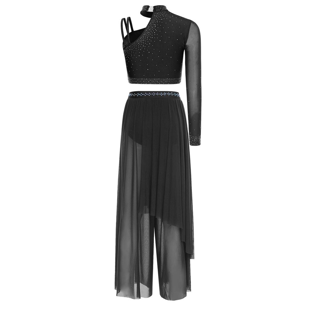 Completo Lirico da Donna con Strass Crop Top Asimmetrico a Manica Lunga Pantaloni Larghi Irregolari Sovrapposti