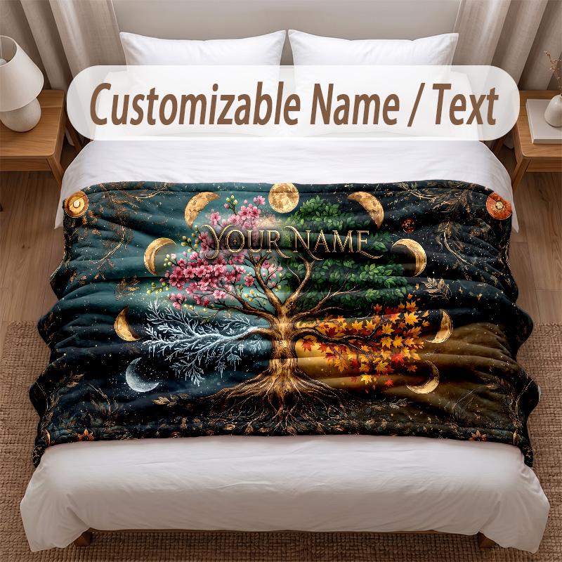 Tree of Life Theme Soft Blanket Personalized Custom Name Text Print Warm Blanket Home Sofa Bedroom Decor
