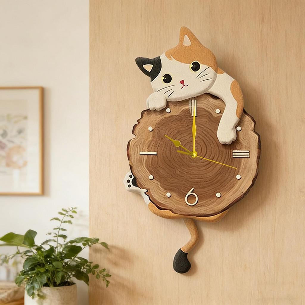 Cat Wall Clock Swinging Tail Pendulum Home Quiet Movement Hotel Analog