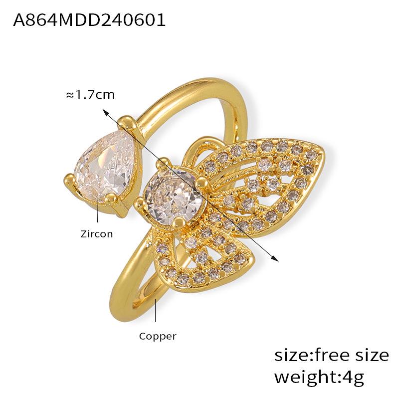 Korean Style Zircon Butterfly Ring - Gold-Plated Copper, Creative and Luxurious Size 7