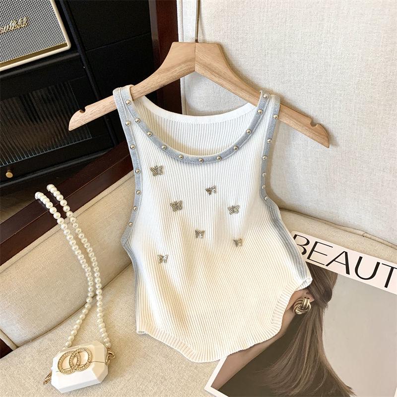 Tweed-style Butterfly Unique Knitted Vest for Women In Summer Dopamine Outfit Sleeveless Outerwear Slim-fitting Sexy Top