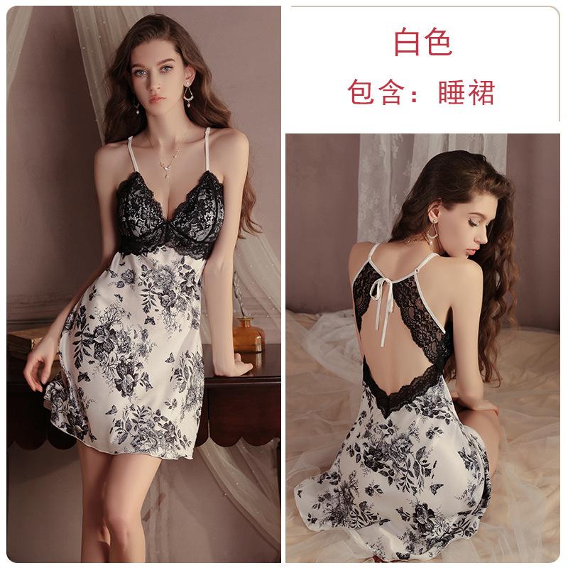 

Smooth light luxury satin underwear sexy gathering plus chest pad hot backless nightdress loungewear set M белый