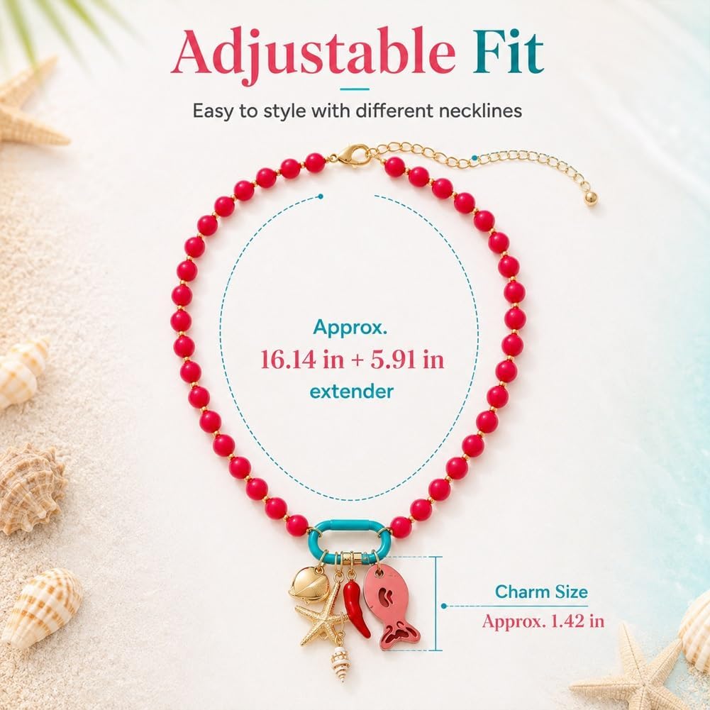 3pc Summer Layered Beaded Dopamine Necklace Set - Colorful Fish and Starfish Charms, Chunky Stack Layering Beach Style Multi-layer Resin Pendant