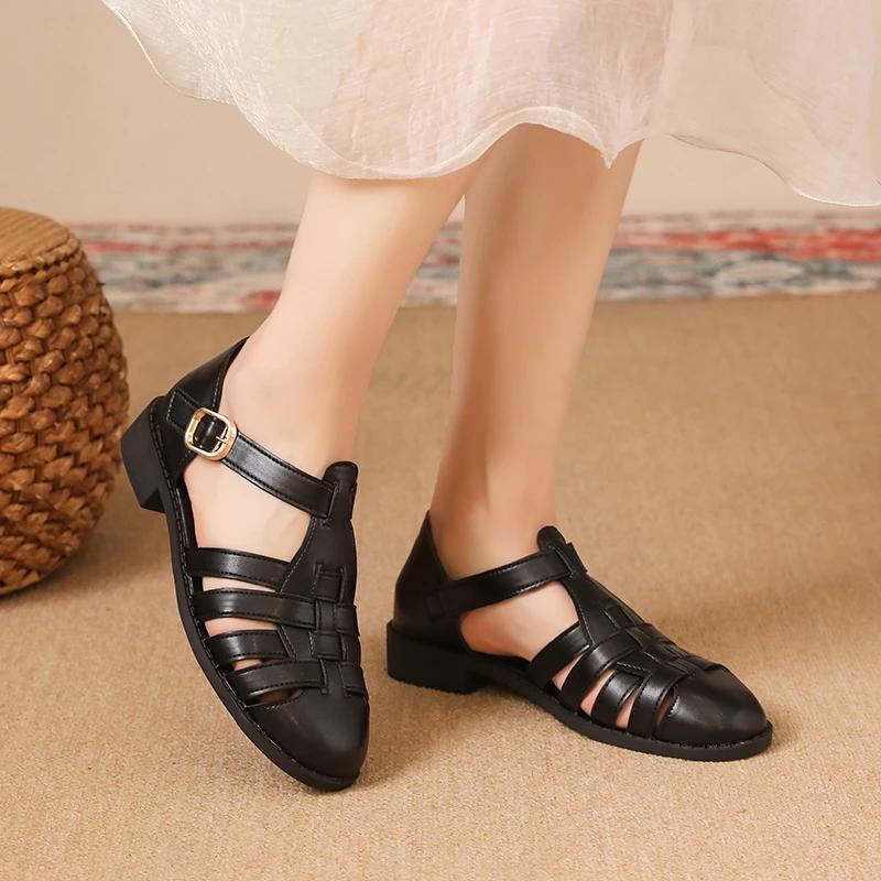 Fashion Women's Flat Sandals Round Toe Buckle Strap Narrow Band Shoes for Women Dress Roman Retro Solid Breathable Zapatillas De Mujer