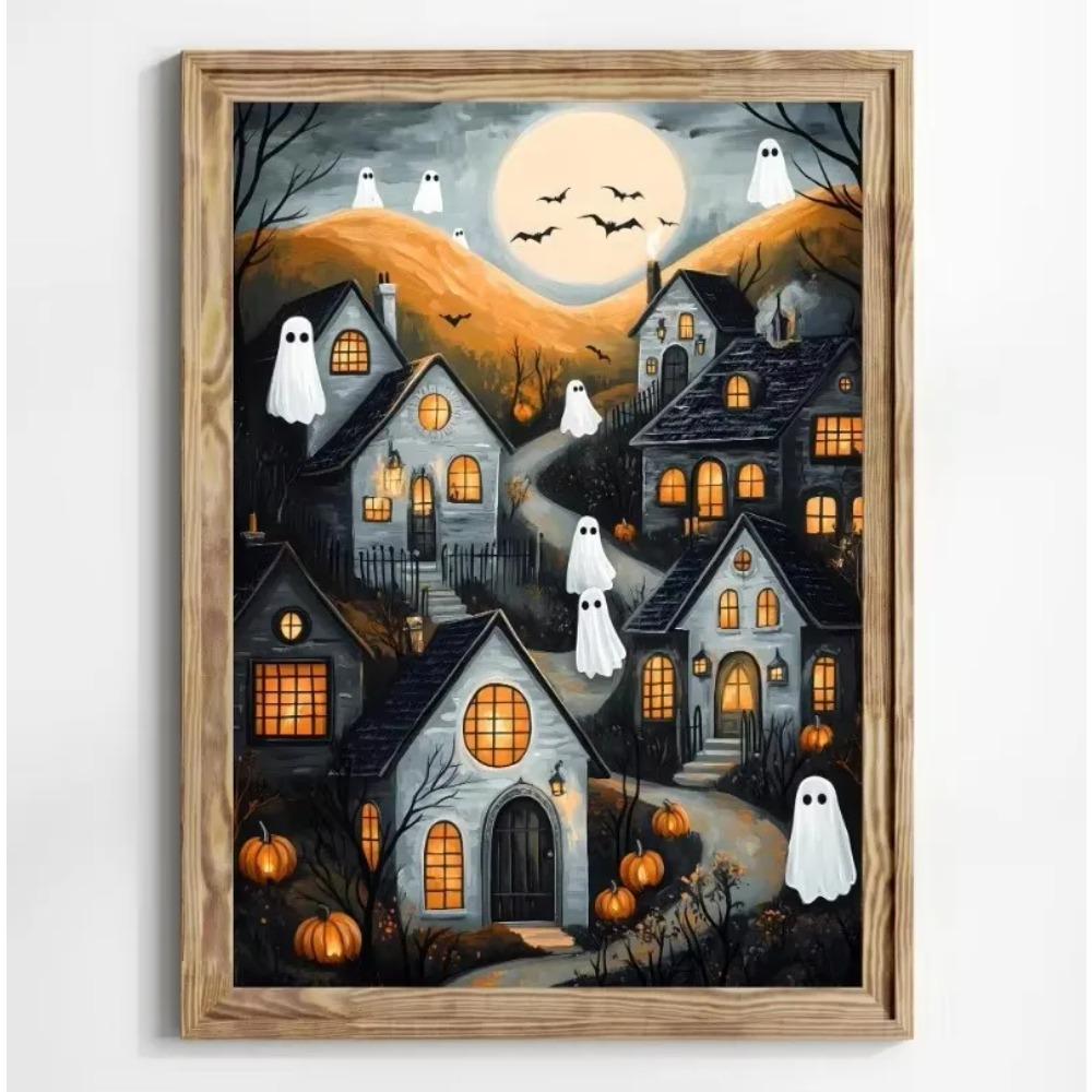 Stampa su Poster Foresta Gatto Nero Fantasma Fiori Selvatici Pittura su Tela Zucca Halloween Spettrale Arte Dark Academia Stanza Arredamento Casa