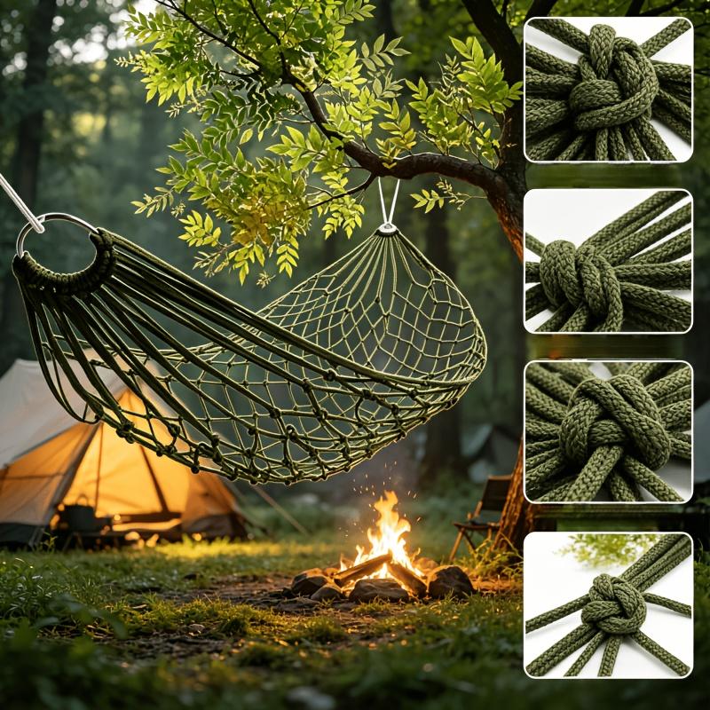 Portable Nylon Rope Net Hammock Breathable Camping Hanging Bed With Metal Rings For Outdoor Hiking Travel Garden