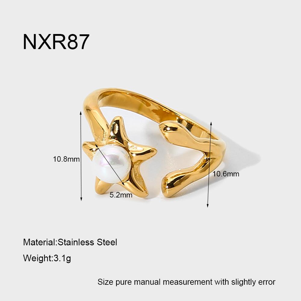 Exquisite and elegant inlaid imitation pearl special-shaped line open ring plated with 18K gold stainless steel design ring